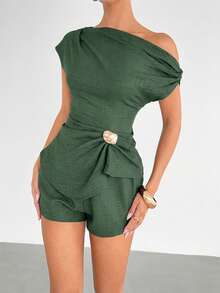 Siren Gaze Women's Summer New Asymmetrical Shoulder Pleated Metal Decor Asymmetric Hem Top And Shorts Set Going Out Party Army Green Elegant Sexy - Green - View 4
