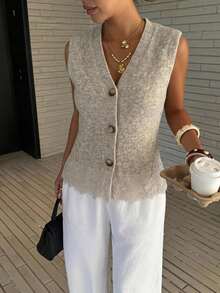 Siren Gaze Women's Solid Color V-Neck Single-Breasted Casual Versatile Daily Knit Vest - Apricot - View 3