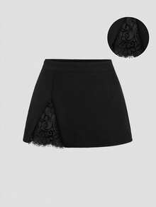 Sweetra Women's Elegant Sexy Lace Patchwork Slit Mini Skirt For Commuting - Black - View 1