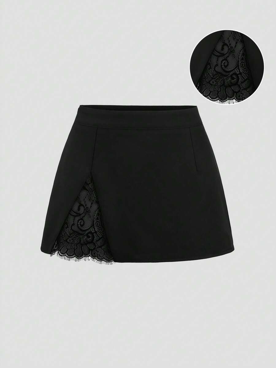 Sweetra Women's Elegant Sexy Lace Patchwork Slit Mini Skirt For Commuting - Black - View 1