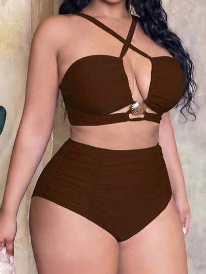 SHEIN Swim 2026 New Women's Plus Size Two Pieces Bikini Swimwear, Sexy Solid Rose Red Bandeau Top With Adjustable Wide Straps And Metal Seashell Decor, Beach Party Vacation Swimwear
