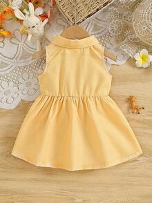 SHEIN Playful Pals 1件女嬰無袖牛仔鈕扣領卡通動物印花休閒陽光連身裙 夏季 - 黃色 - 查看 3