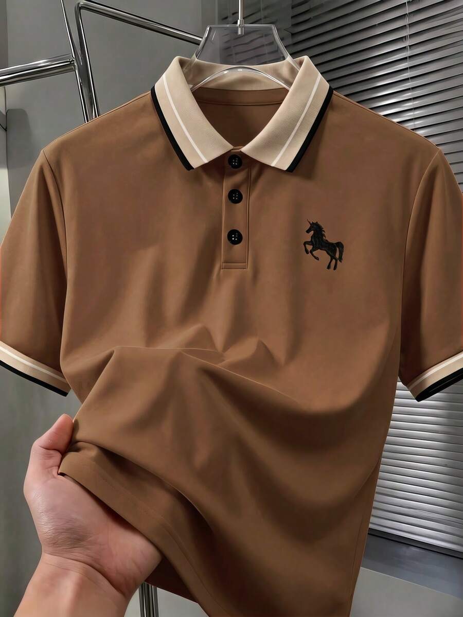 Calvornis Men's Beaded Ribbed Collar Embroidered Short Sleeve Casual Polo Shirt - Rust Brown - View 1