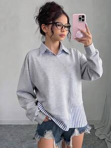 Tween Girl Tween Girl Spring/Autumn New Fashionable Stylish Casual Versatile Design 2 In 1 Linen Striped Patchwork Turn-Down Collar Daily Commute Sweatshirt - Multicolor - View 1