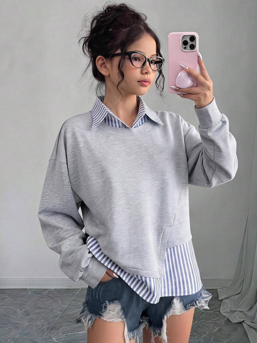 Tween Girl Tween Girl Spring/Autumn New Fashionable Stylish Casual Versatile Design 2 In 1 Linen Striped Patchwork Turn-Down Collar Daily Commute Sweatshirt - Multicolor - View 1