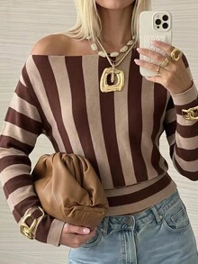 SHEIN EZwear 女款棕色條紋拼接休閒 2000年代風格 百搭日常約會早午餐外出針織上衣 度假秋季 - 彩色 - 查看 9