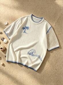ROMWE MEN Men's Coconut Tree Pattern Casual Versatile Daily Wear Knit Top - Beige - View 7