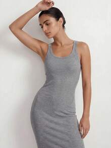 Ocili Studio Women's Spring/Summer Basic Casual Minimalist Dark Grey Rib Fabric Camisole Dress, Loungewear - Light Grey - View 4