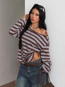 Coolane Women's Autumn Streetwear Casual Vintage Y2K Going Out Night Everyday Daily Wear Graphics Brown Striped Comfortable Asymmetrical Neck T-Shirt - Brown - View 5