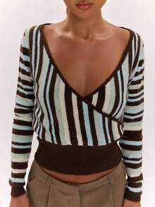 SHEIN BAE Autumn/Winter Fashion New Colorblock Versatile Casual Unisex Vacation Slouchy Cinched Waist Wrap V-Neck Striped Knit Top - Multicolor - View 7