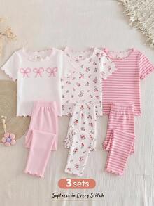 Cozy Pixies 3set Baby Girl Cute Cartoon Strawberry Cherry Fruit Pattern Floral Pattern Ruffle Round Neck Short Sleeve Long Pants Casual Comfortable Knit Pajama Set - Multicolor - View 1