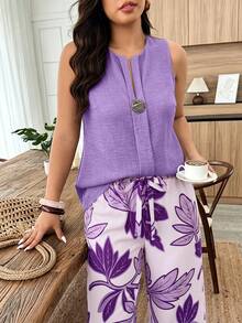 Weeklong Women's Plus Size Spring/Summer Floral Print Button Decor Casual Vacation 2-Piece Set - Multicolor - View 6