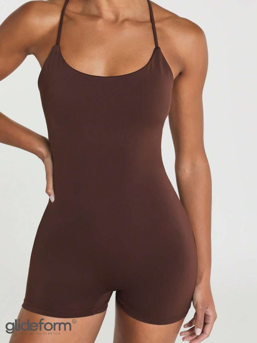 11SKNDS Strappy Crossback Short Romper With Scoop Neckline And Built-In Support Sleeveless One-Piece Unitard For Yoga Pilates And Summer Activewear - Chocolate Brown - View 1