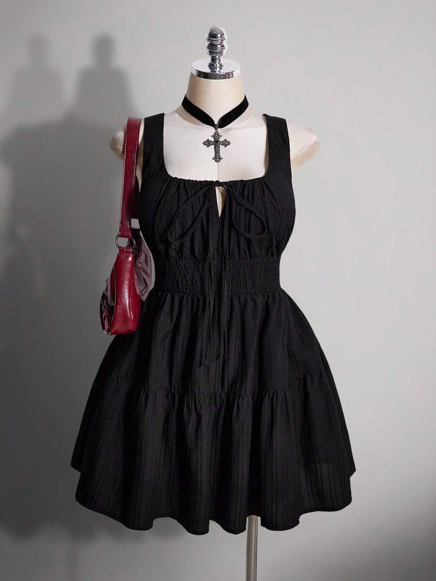 SHEIN ICON 女款大尺碼純色百褶休閒日常夏季洋裝 - 黑色 - 查看 1