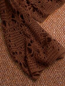 CosyJoli Plus Size Women's Hollow Out Design Round Neck Long Sleeve Loose Knit Sweater - Rust Brown - View 5