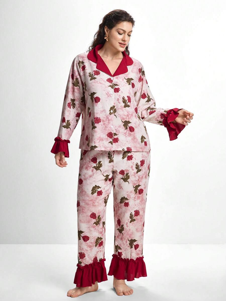 Slumbrini 大码女式撞色荷叶边翻领长袖上衣和裤子睡衣套装,玫瑰花印花,秋冬服装 - 酒紅色 - 查看 1