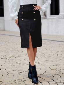 SHEIN Cottnline High Waist Fake Button Split Thigh Skirt - Black - View 2