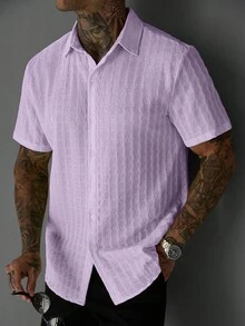 SLATEMANN Men's Solid Color Single-Breasted Casual Short Sleeve Shirt - Purple - View 1