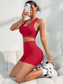 SHEIN Sovereign Charm Conjunto deportivo de top corto y shorts de unicolor - Naranja Coral - Ver 6
