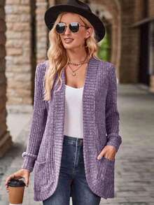 Louniche Women's Casual Ribbed Brushed Open Front Side Pocket Short Jacket - Purple - View 3