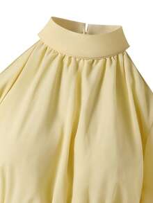 Teen Girl Sweet Solid Color Cold Shoulder Ruched Halter Neck Dress, Bodycon, Glow, Lantern, Square, Midi - Yellow - View 5