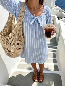 Vivid Eden Plus Size Women's Front Knot Striped Long Sleeve Casual Dress Vacation Hawaii Light Blue Autumn - Blue - View 2