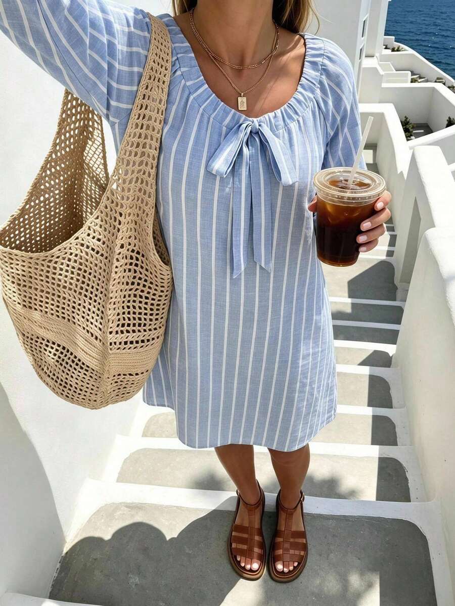 Vivid Eden Plus Size Women's Front Knot Striped Long Sleeve Casual Dress Vacation Hawaii Light Blue Autumn