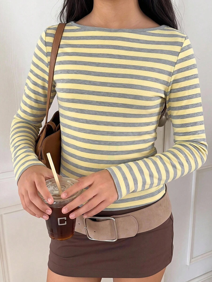 Tween女孩休閒針織黃灰條紋長袖T恤 - 彩色 - 查看 1