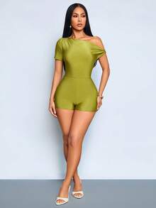 SOLERSUN Elegant Fashionable Casual Street Style Glossy Stretch Fabric Short-Sleeved Asymmetrical Neckline Metal Buckle Sexy Jumpsuit Club Olive Green - Green - View 7