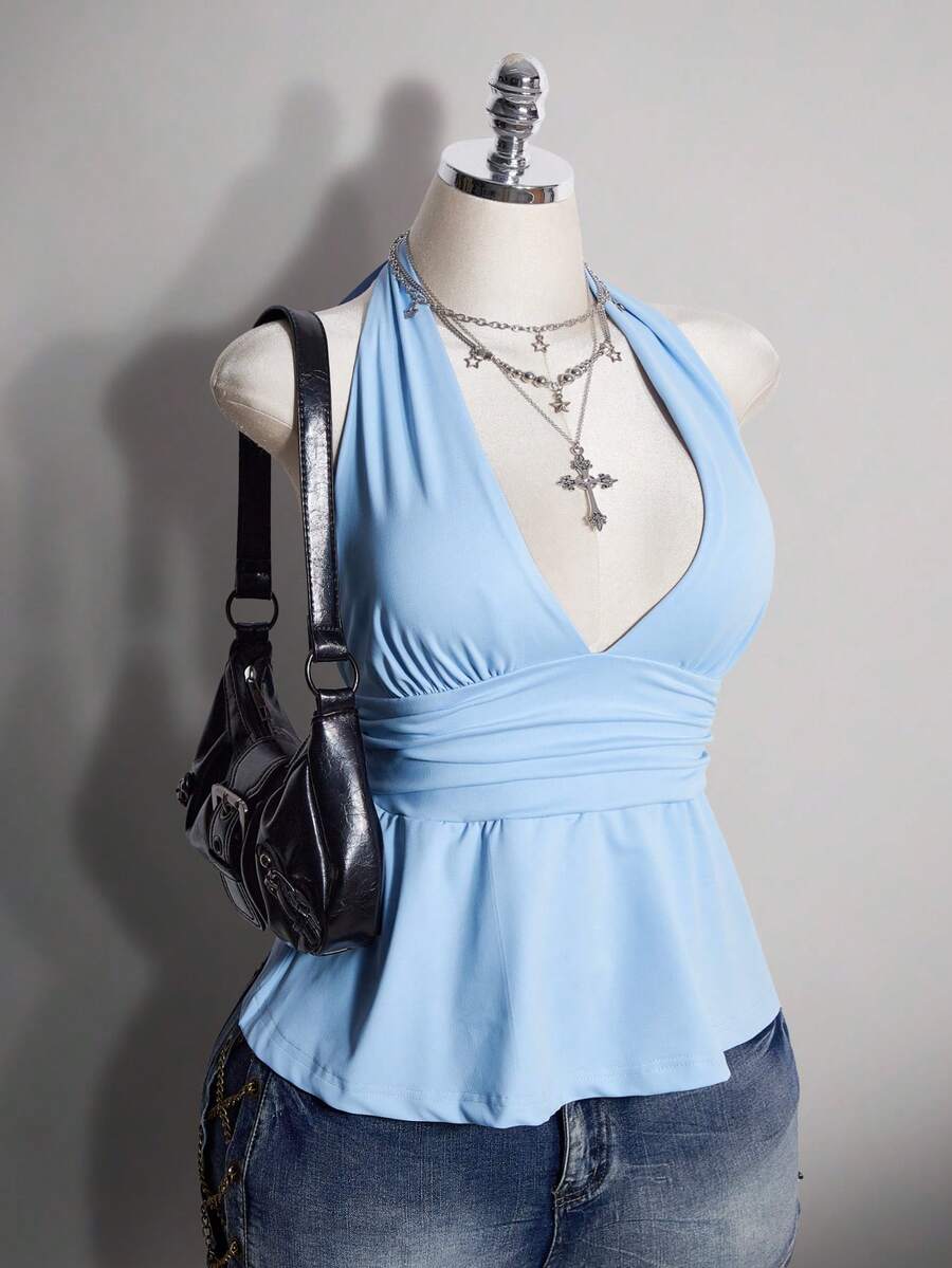SHEIN ICON 大尺碼掛脖深V領收腰A字露背波點背心,復古Y2K波點掛脖背心,娃娃裝波點掛脖露背上衣 - 藍色 - 查看 1