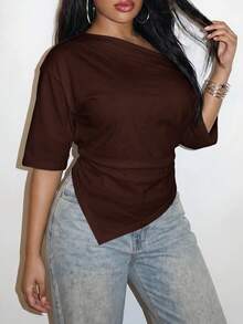 Slaydiva Plus Size Women Solid Color Pleated Casual Versatile Everyday T-Shirt Formal Chocolate Brown Summer - Rust Brown - View 8