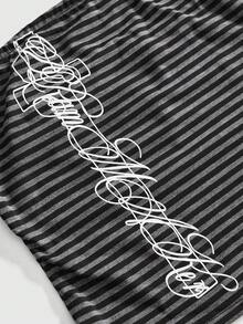 ROMWE Grunge Punk Summer Y2K Slogan Print Black & Gray Striped Fitted Tube Top & Folded Waist Ultra Low Waist Mini Shorts 2pcs Set - Black - View 3