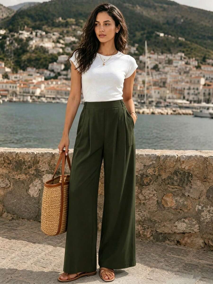 SHEIN Essnce 女式休闲纯色斜口袋直筒裤 - 軍綠色 - 查看 1