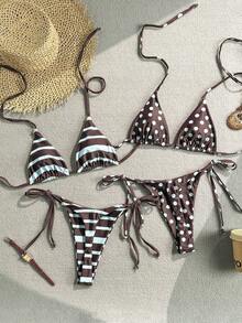 SHEIN Swim 女款夏季海灘度假掛脖綁帶波點條紋性感丁字比基尼泳衣4件套，棕色上衣、藍色上衣，度假穿搭、海灘穿搭、女性度假穿搭、波點上衣、返校季、教師 - 彩色 - 查看 7
