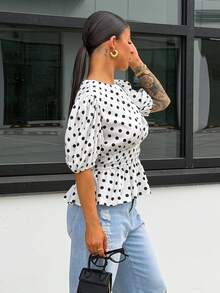 SAYEHFBABY Women's Polka Dot Print Petal Sleeve Shirt, Comfortable And Stylish For Commuting And Outings, Spring/Summer - Black and White - View 4