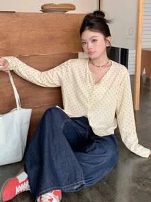 Dazy Plus 女童小圓點圓領前開鈕扣長袖休閒開襟衫，春/秋/夏 - 杏色 - 查看 3