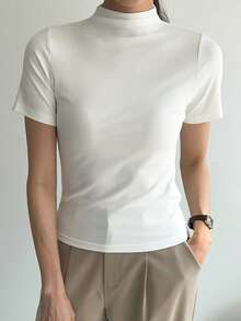 DAZY Solid Stand Collar Tee - White - View 6