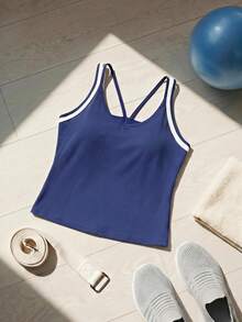 SHEIN Cheerettes Women's Plus Size Colorblock Casual Fitness Sports Tank Top - Blue - View 2