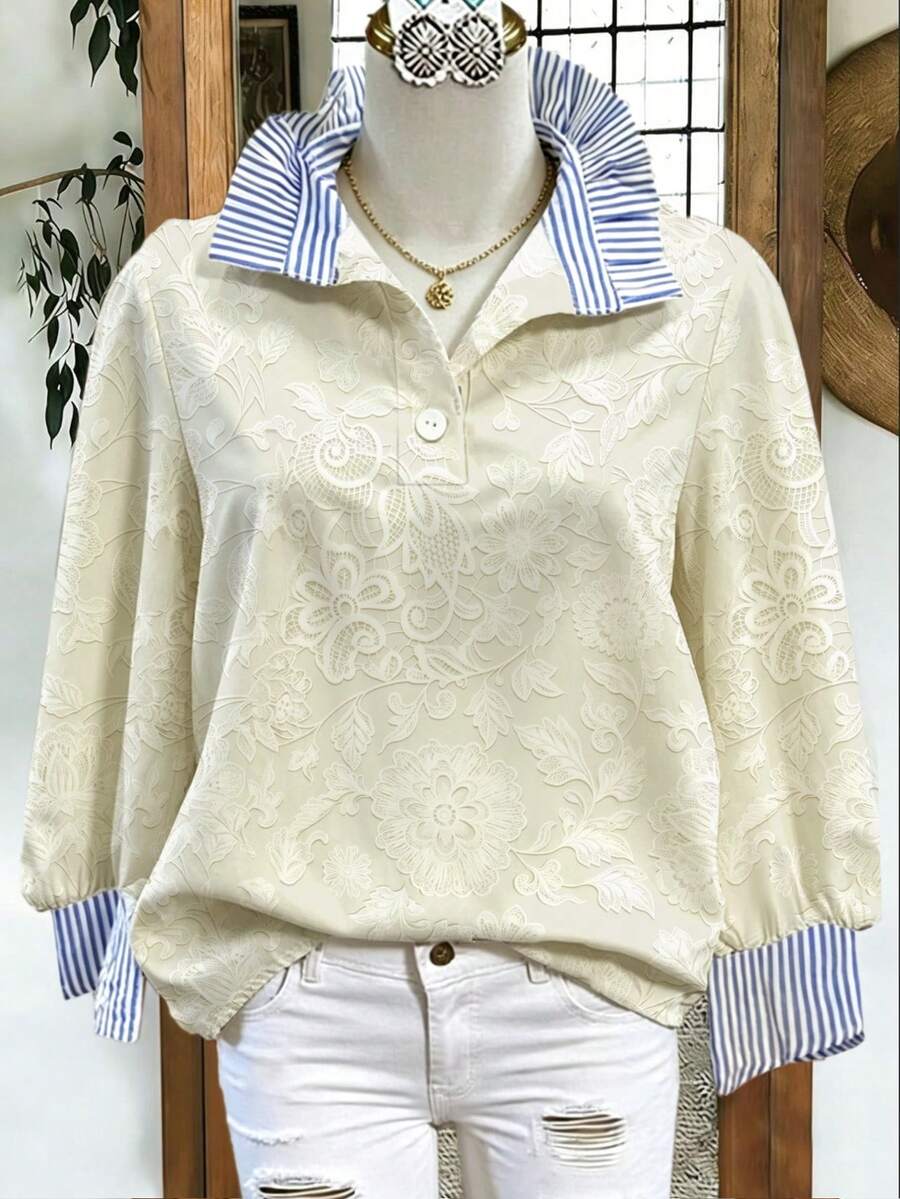 Linhara Plus Size Women's Elegant Spring/Autumn Blouse Vintage Style Striped Patchwork Lapel Lace Random Print Loose Fit Shirt Fall Brunch Tea Party White - Beige - View 1