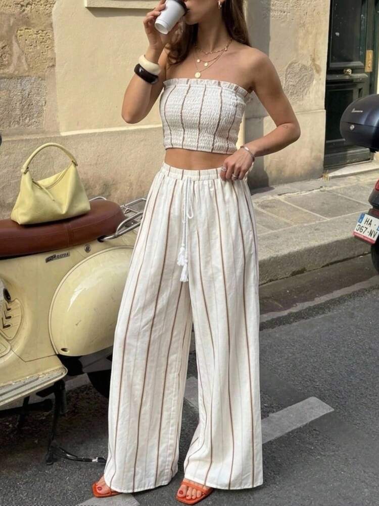 Serisse Women's Contrast Stripe Print Bandeau Top And Fringe Decor Wide Leg Pants 2 Pieces Set,Summer Outfits For Women Vacation Brown Striped Boho - Apricot - View 6