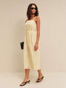 lacRébo Pale Yellow Embroidered Loose Fit Square Neck Midi Dress With Strap At The Waist Summer Holiday Cute French Elegant Cotton Blended Brunch Vacation - Light Yellow - View 6