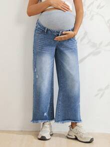 SHEIN Maternity Casual Loose Fit Washed Distressed Straight Leg Jeans Winter Holiday Outfits For Women, Baby Shower Beach Formal Gender Reveal Blue - Medium Wash - View 6