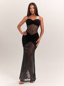 Radiana Women's Summer Sexy Elegant Unique Coffee Brown Glitter Mesh Dress, Fitted Mermaid Tail Dress, Long Dress, Island Vacation Dress, Beach Dress - Black - View 6