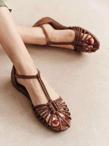 Rosivie Sandal Kasual Datar Gaya Bohemian Wanita dengan Desain Gesper, Sepatu Musim Panas - pita coklat - View 1