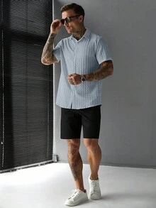 SLATEMANN 男士夏季休閒純色短袖襯衫 - 淺色水洗藍 - 查看 6