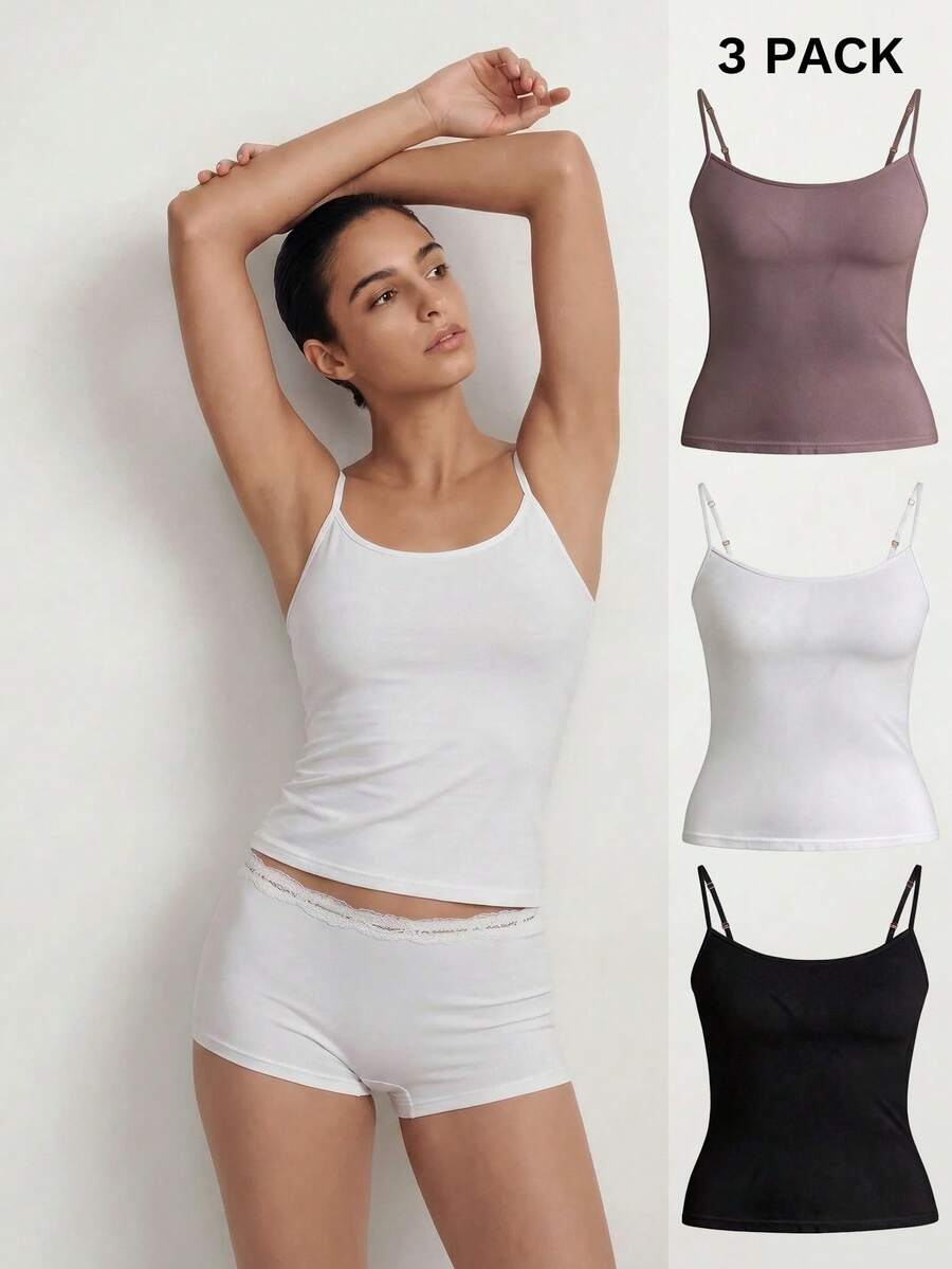 Ocili Studio 3pcs Women's Basic Casual Comfortable Minimalist Black, White, Brown Camisole Tops, Spring/Summer Homewear - Multicolor - View 1