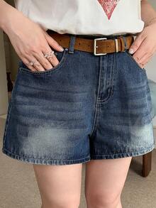 Dazy Plus Vintage Denim Washed Distressed Straight Leg Casual Denim Shorts, Versatile For Spring/Summer, Plus Size Women - Dark Wash - View 1