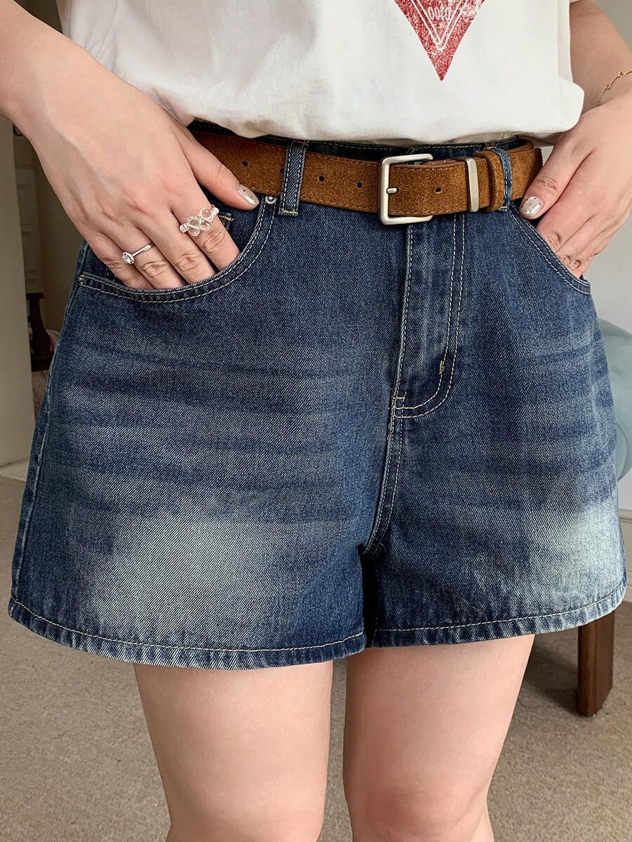 Dazy Plus Vintage Denim Washed Distressed Straight Leg Casual Denim Shorts, Versatile For Spring/Summer, Plus Size Women - Dark Wash - View 1