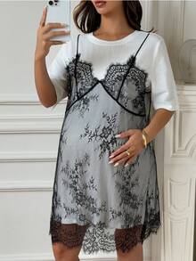 Dazy Maternity White Round Neck Short Sleeve T-Shirt Dress With Lace Strap 2 In 1 Loose Fit Maternity Dress For Spring And Summer Cute Tops - Black and White - View 7