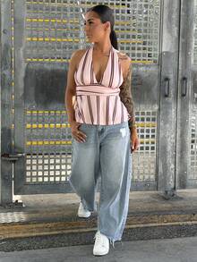 SAYEHFBABY Top sin mangas con cuello halter a rayas rosa y marrón para mujer, estilo vintage americano, para festival, noche de fiesta, club, vacaciones y verano, casual - Multicolor - Ver 4